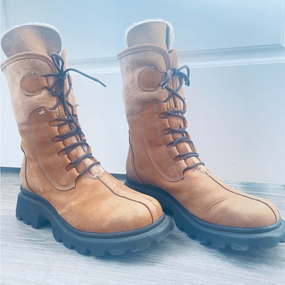 ALDO TAN SHERLING WOOL LACE UP BOOTS SIZE 39 MADE IN ITALY BLOCK HEELS - Picture 14 of 17